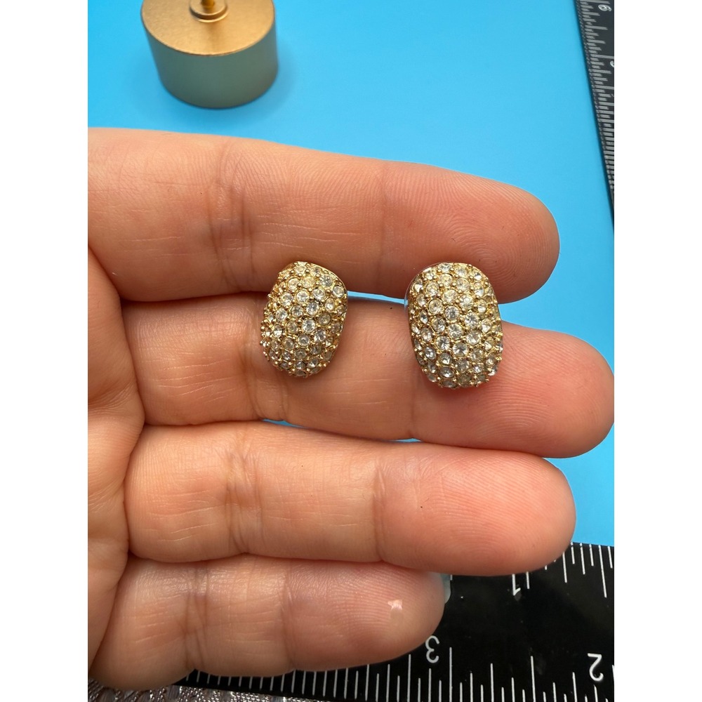 Vintage Gold Tone Pave Crystal Oval Dome Stud Earrings Sparkly Formal Jewelry‎